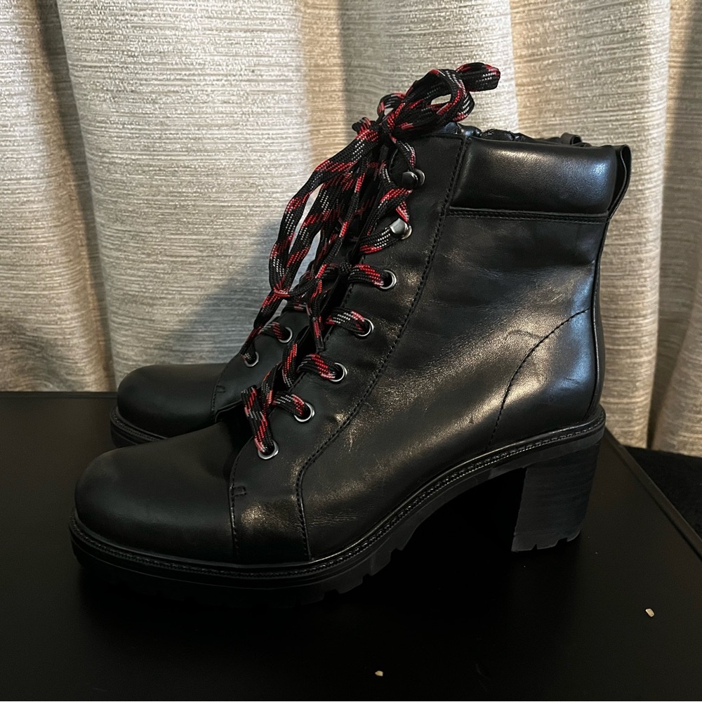 Black Leather Ankle Boots with Red Laces